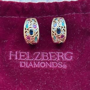 14K Gold half hoop earrings with diamonds & gemstones
